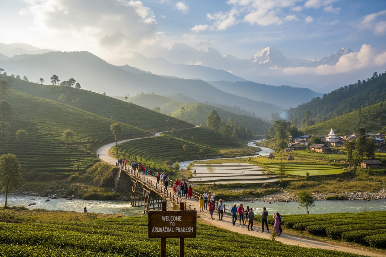A group of people crosses a bridge over a river in a lush, green valley with terraced hills and snow-capped mountains in the background.